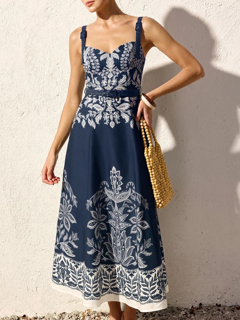 COMMENSE Baroque Floral Print Belted Cami Maxi Dress - size Small
